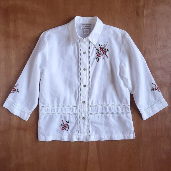 VTG Linen Embroidered Floral Top Sz S White 3/4 Sleeve Cottagecore Lagenlook - Picture 6 of 11